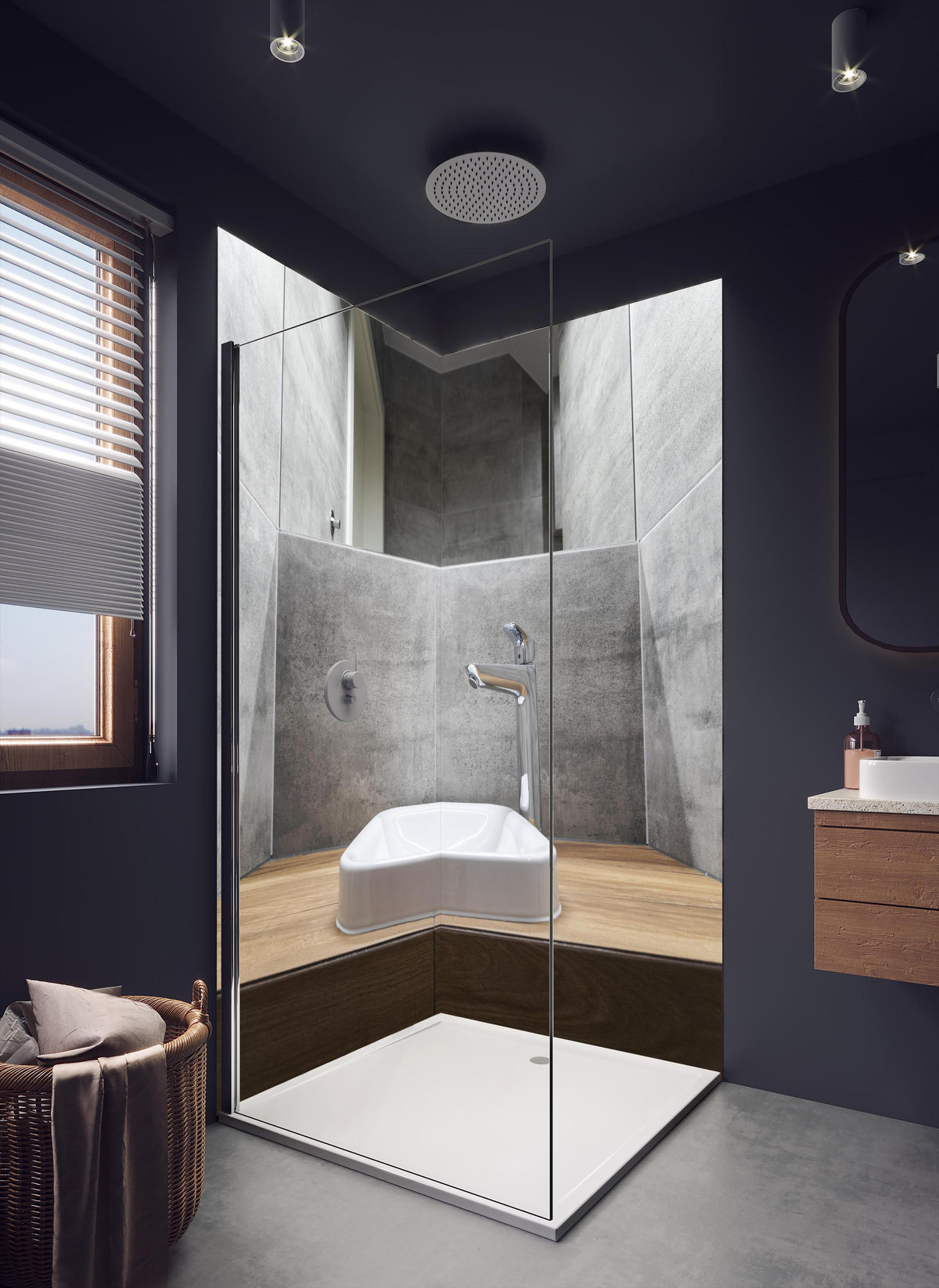 Duschrückwand - Interieur eines modernen Badezimmers in dunklem Badezimmer mit Regenduschkopf
