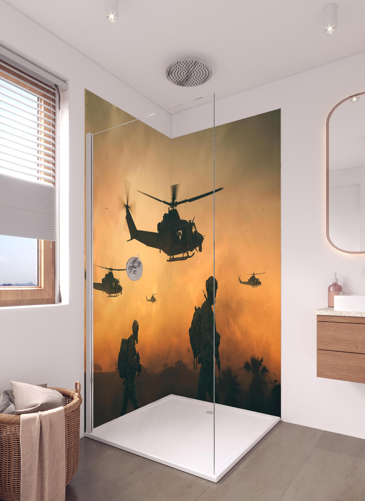 Duschrückwand - Militär und Hubschrauber auf dem Weg zum Schlachtfeld in hellem Badezimmer mit Regenduschkopf  - zweiteilige Eck-Duschrückwand