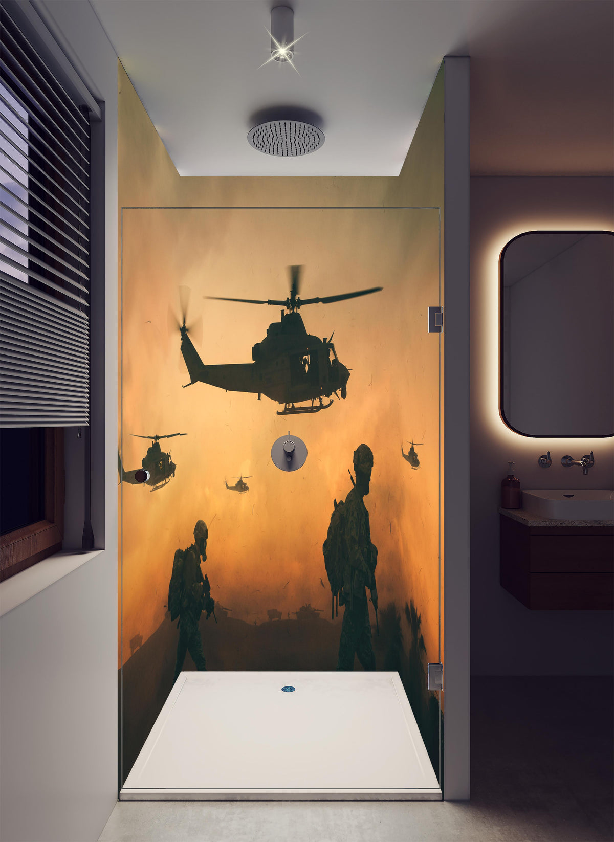 Duschrückwand - Militär und Hubschrauber auf dem Weg zum Schlachtfeld in luxuriöser Dusche mit Regenduschkopf
