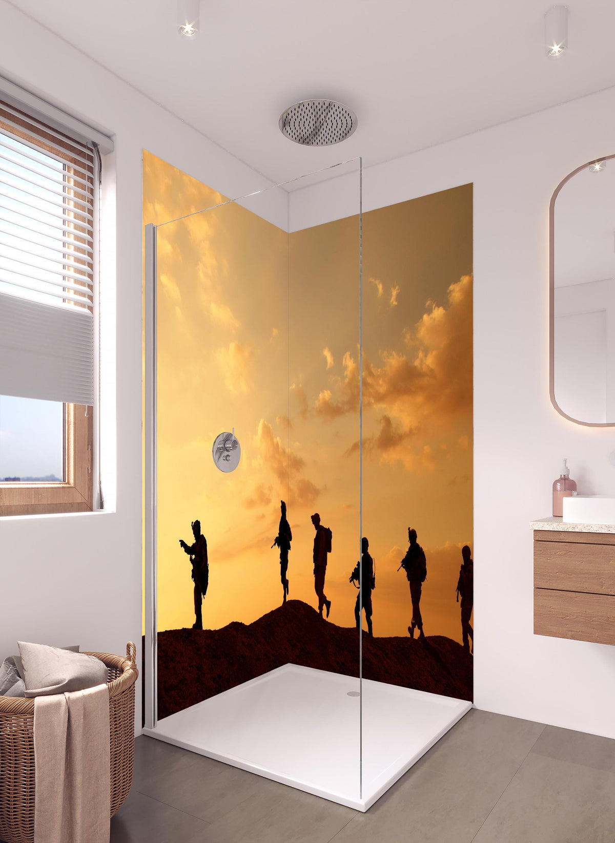 Duschrückwand - Militärische Truppen in hellem Badezimmer mit Regenduschkopf  - zweiteilige Eck-Duschrückwand