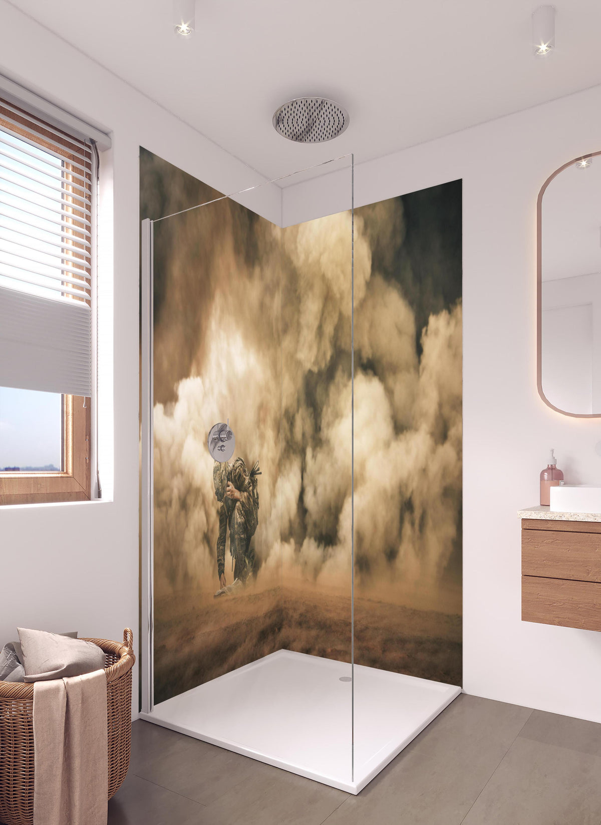 Duschrückwand - Militärsoldat in hellem Badezimmer mit Regenduschkopf  - zweiteilige Eck-Duschrückwand