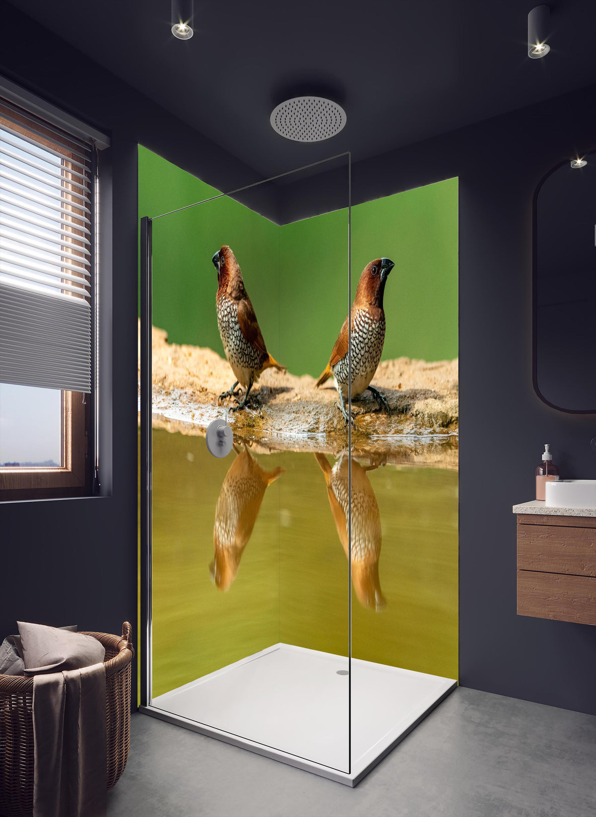 Duschrückwand - Vögel Spiegelung im Wasser in dunklem Badezimmer mit Regenduschkopf
