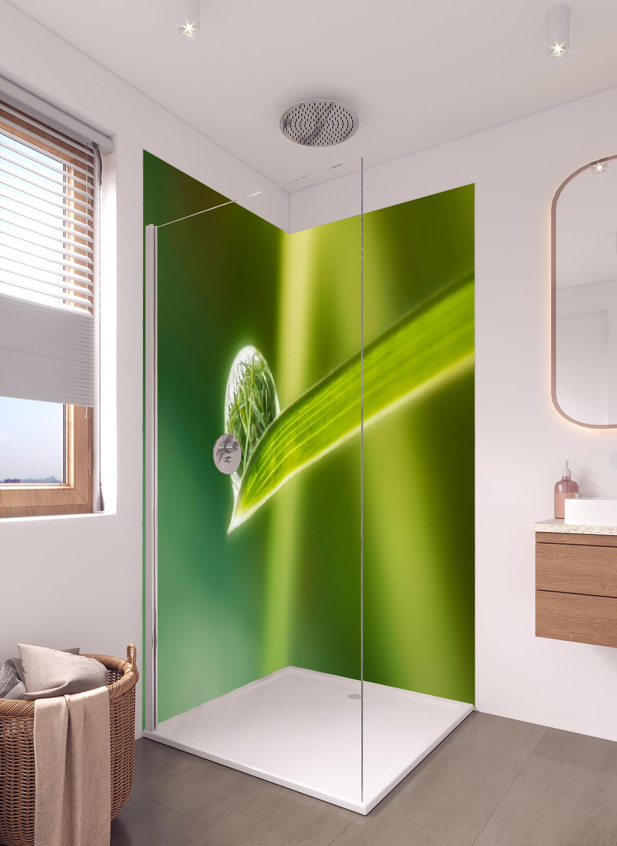 Duschrückwand - Wassertropfen in hellem Badezimmer mit Regenduschkopf  - zweiteilige Eck-Duschrückwand