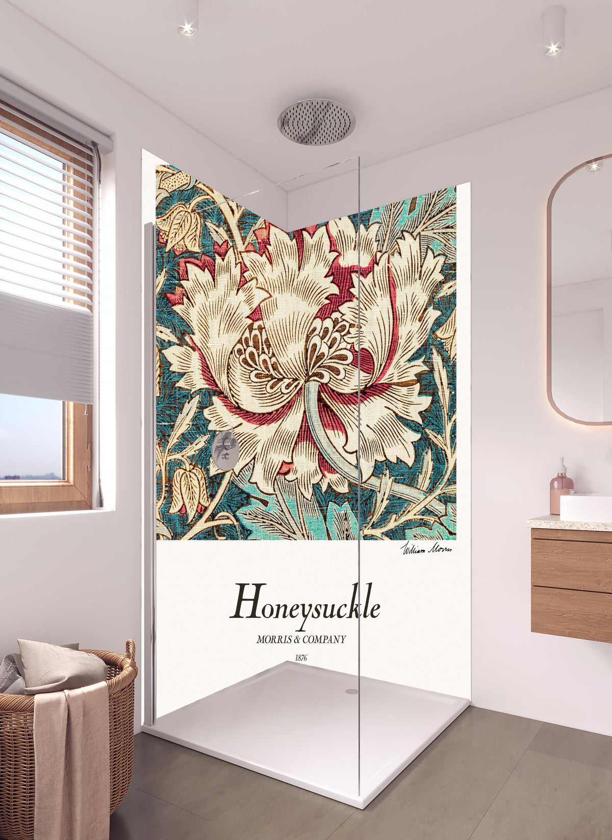 Duschrückwand - Mosaik Gemälde "Honeysuckle" in hellem Badezimmer mit Regenduschkopf  - zweiteilige Eck-Duschrückwand
