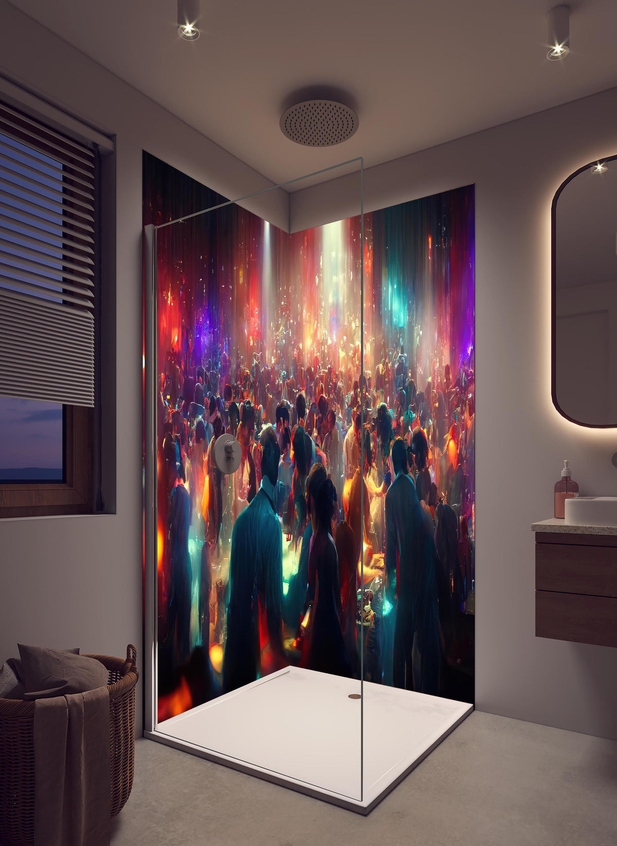 Duschrückwand - Party 3D-Illustration in hellem Badezimmer mit Regenduschkopf  - zweiteilige Eck-Duschrückwand