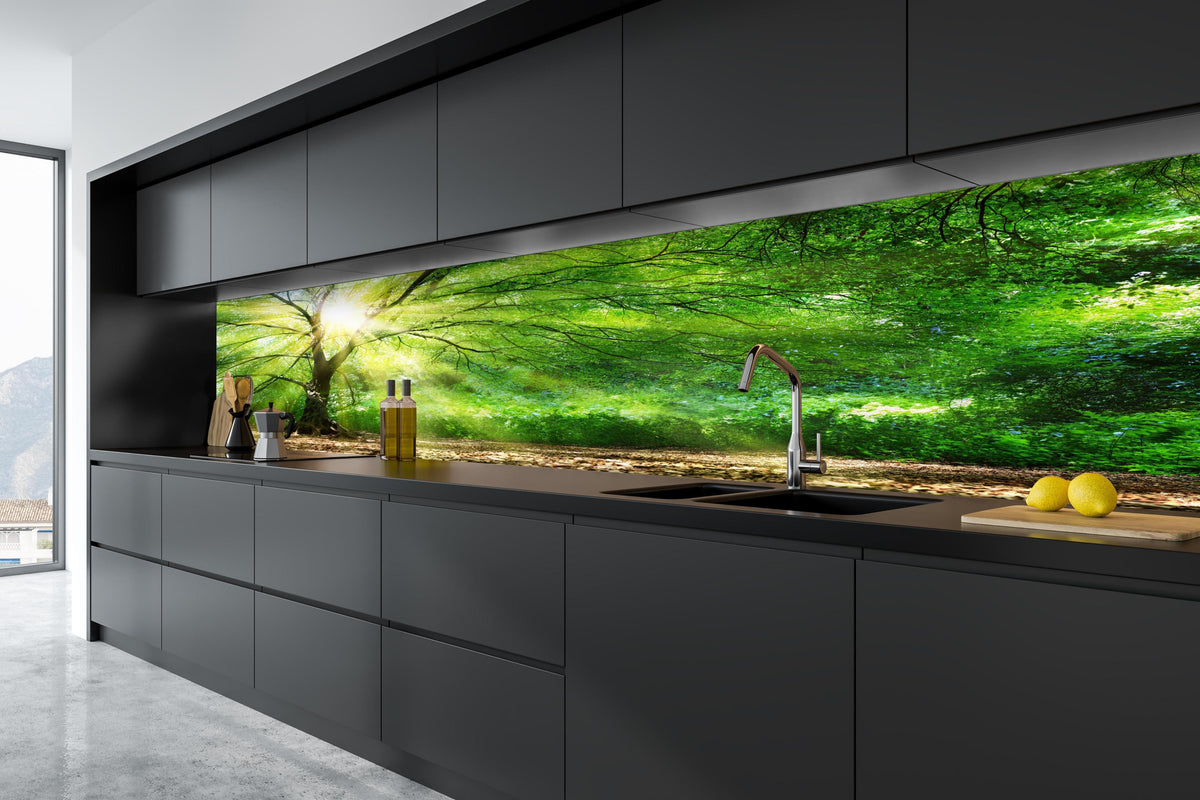 Küche - Energiegeladener Wald in tiefschwarzer matt-premium Einbauküche