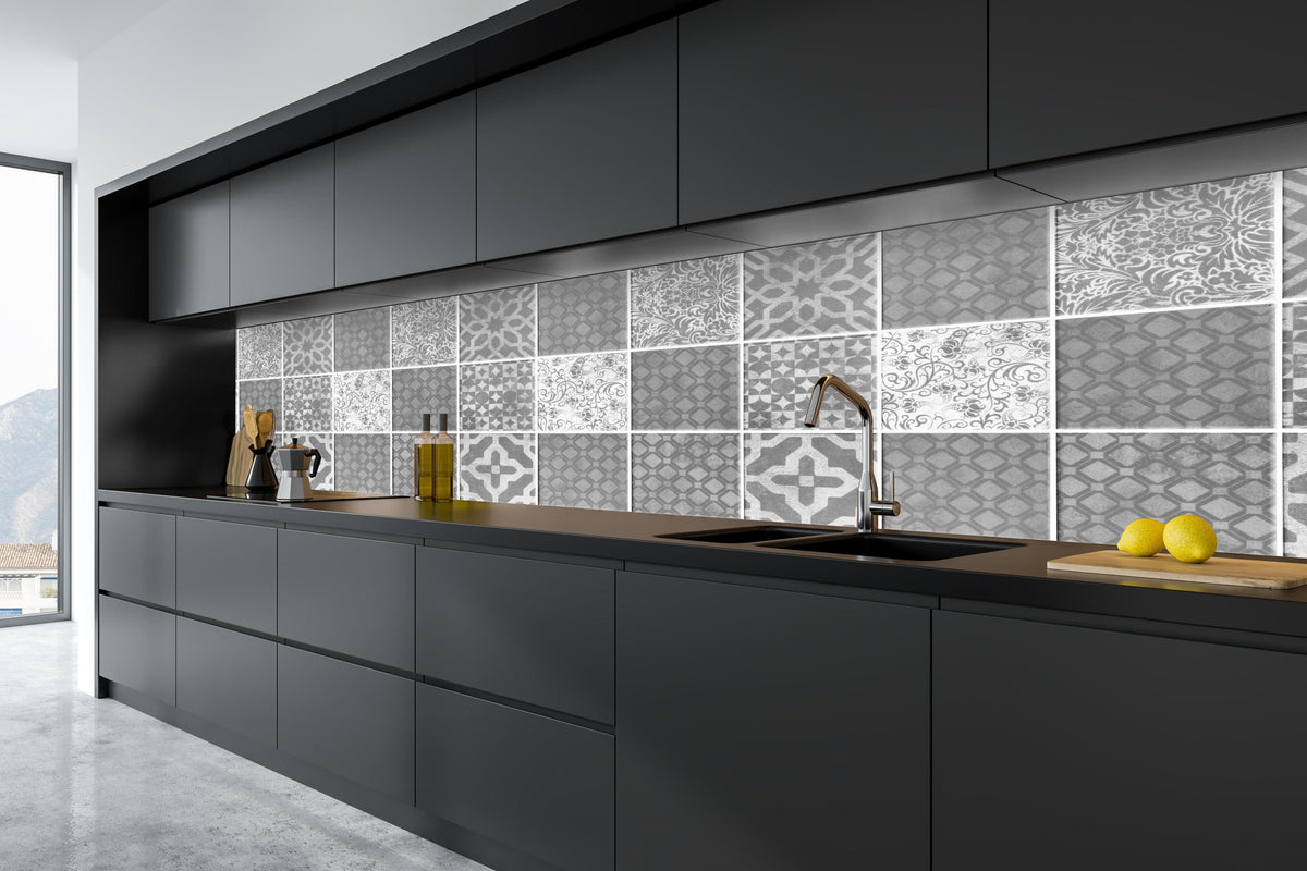 Küche - Grau weiße Vintage Mosaik Textur in tiefschwarzer matt-premium Einbauküche