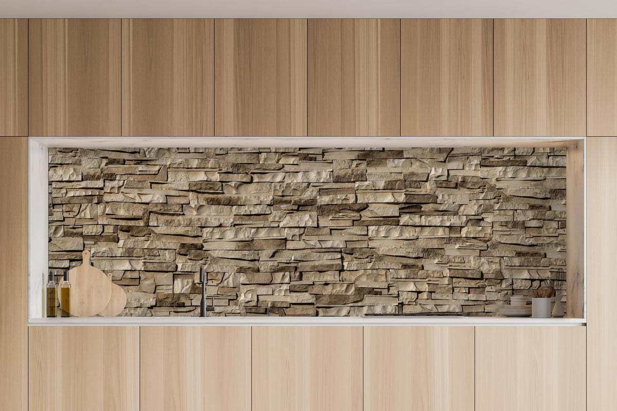 Küche - Panorama nahtlose Textur von Klinkerfliesen in charakteristischer Vollholz-Küche mit modernem Gasherd