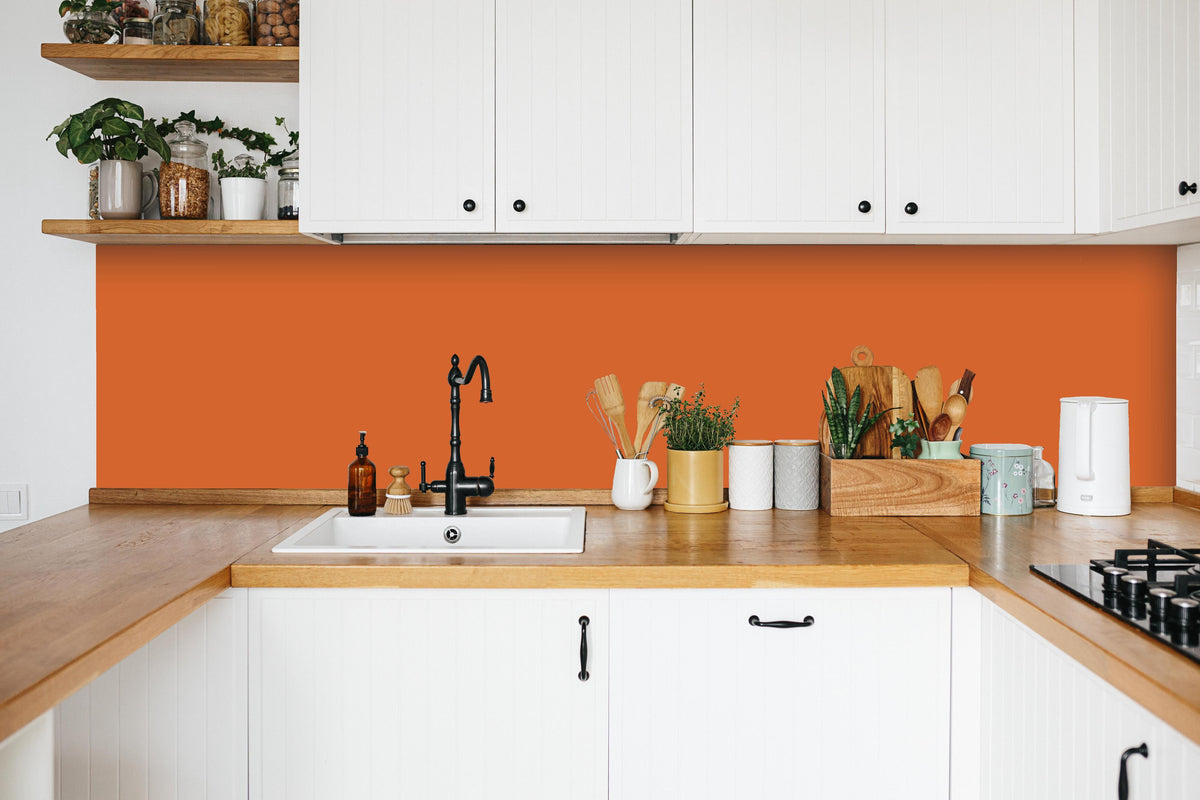 Küche - RAL 2010 (Signalorange) in weißer Küche hinter Gewürzen und Kochlöffeln aus Holz