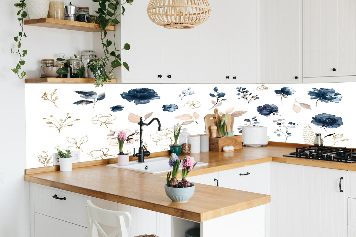 Küche - Rosen im Aquarell-Design in lebendiger Küche mit bunten Blumen
