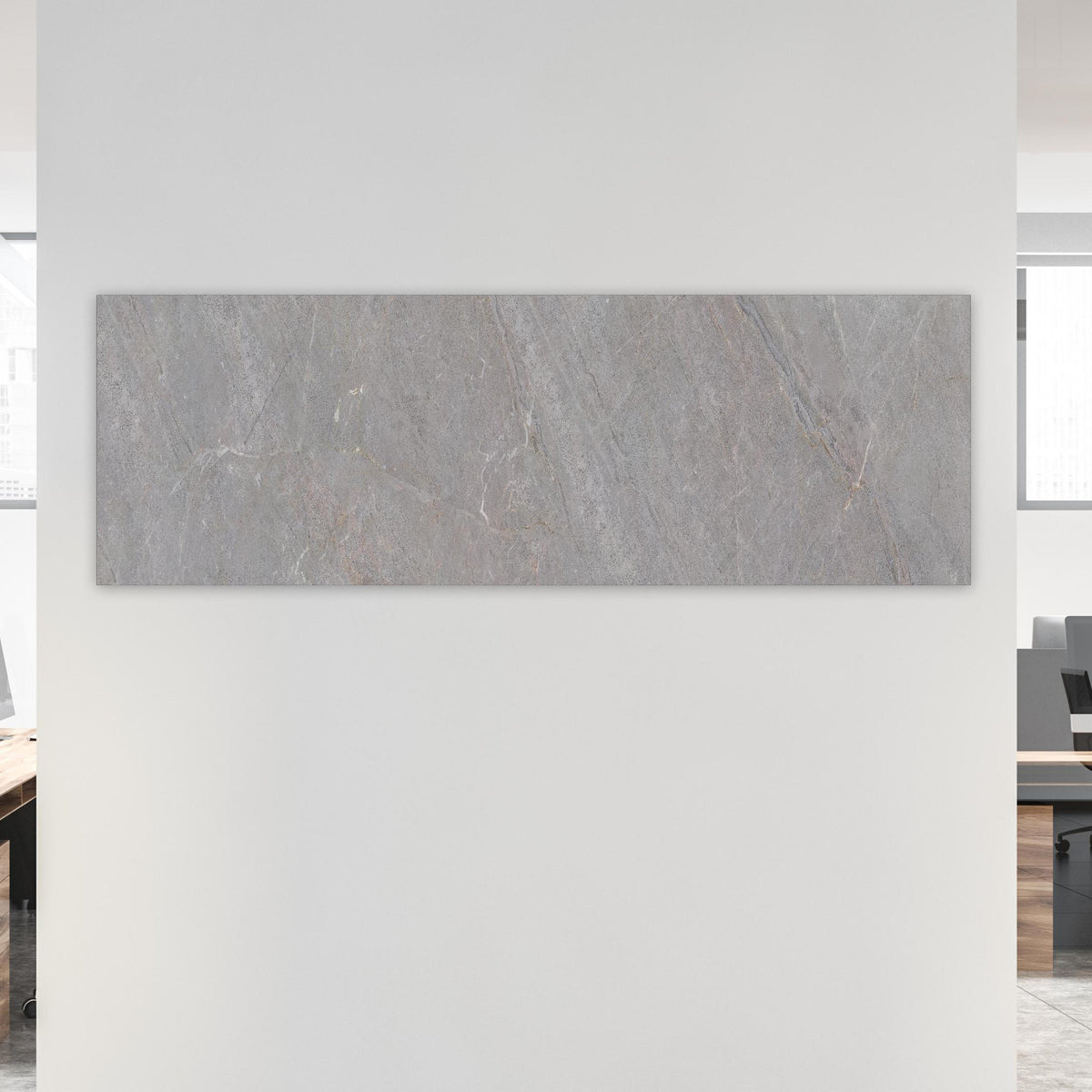 Office Poster  -  Natürliche Graue Marmor Textur an weißer Wand in hell eingerichtetem Büro Zoom
