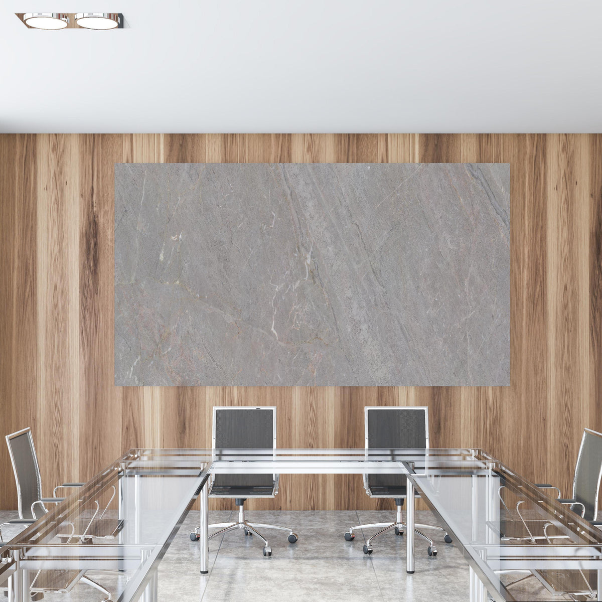 Office Poster  -  Natürliche Graue Marmor Textur in einem Konferenzraum mit Glastisch und Holzwand