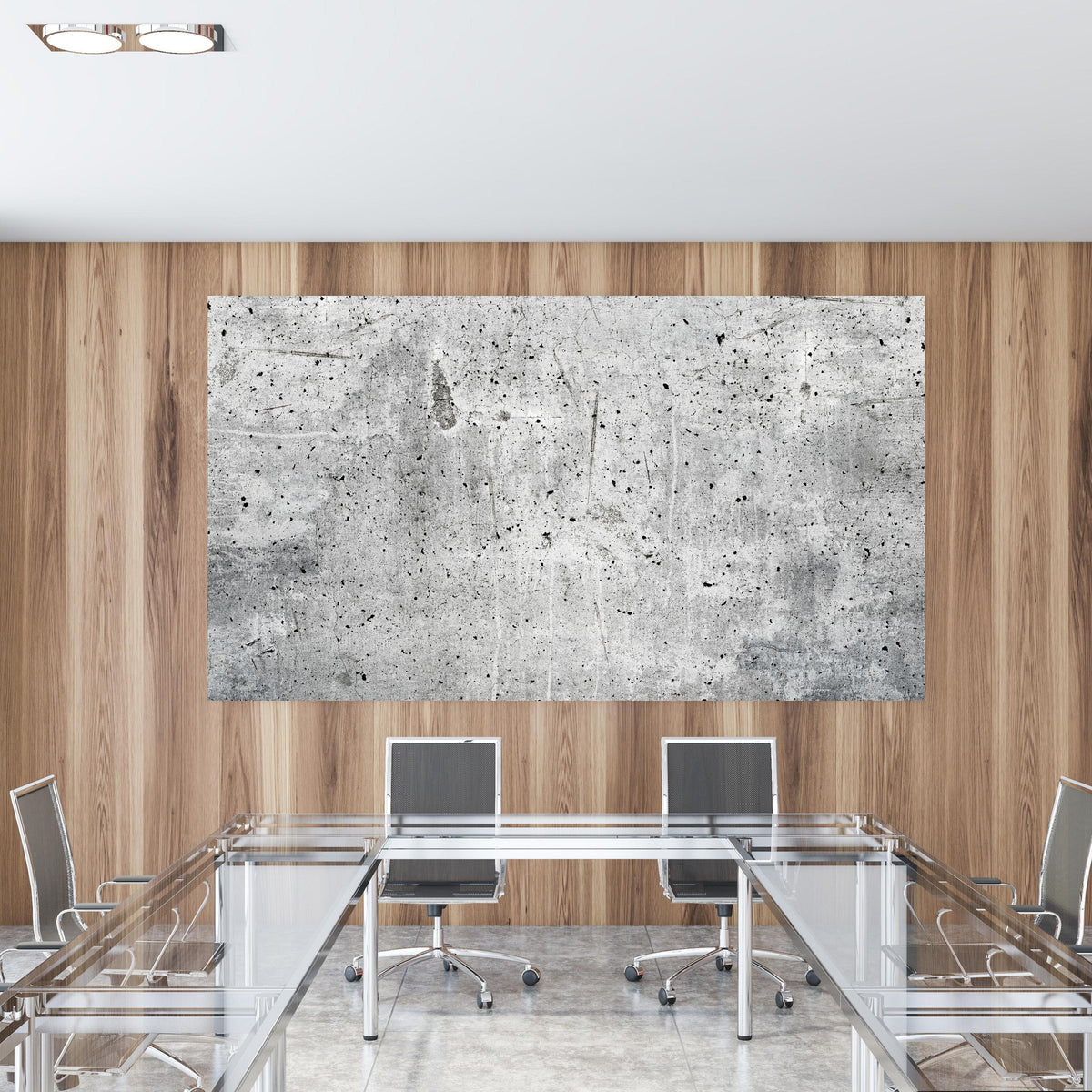 Office Poster  - Alte graue Betonwand in einem Konferenzraum mit Glastisch und Holzwand