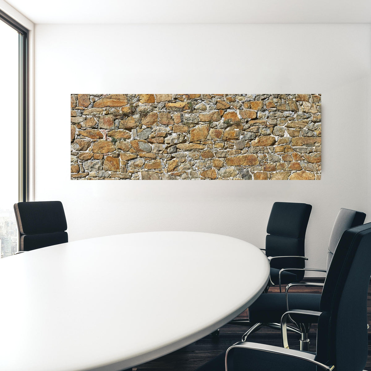 Office Poster  - Alte unverputzte Burgmauer in einem Konferenzraum hinter weißem ovalem Tisch