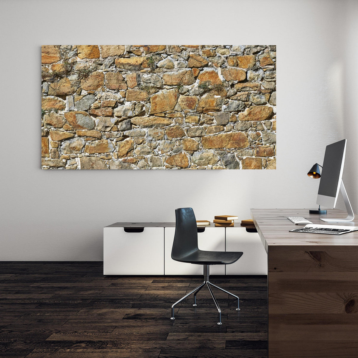 Office Poster  - Alte unverputzte Burgmauer an einer Wand in minimalistisch eingerichtetem Heim-Büro