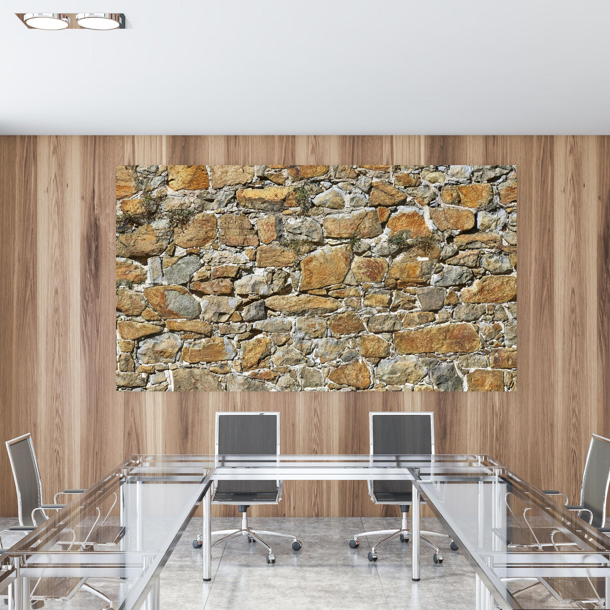 Office Poster  - Alte unverputzte Burgmauer in einem Konferenzraum mit Glastisch und Holzwand