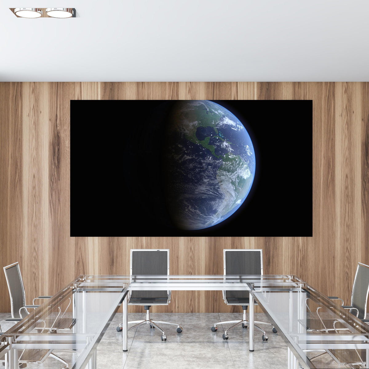 Office Poster  - Blick auf die Erde vom Weltall in einem Konferenzraum mit Glastisch und Holzwand