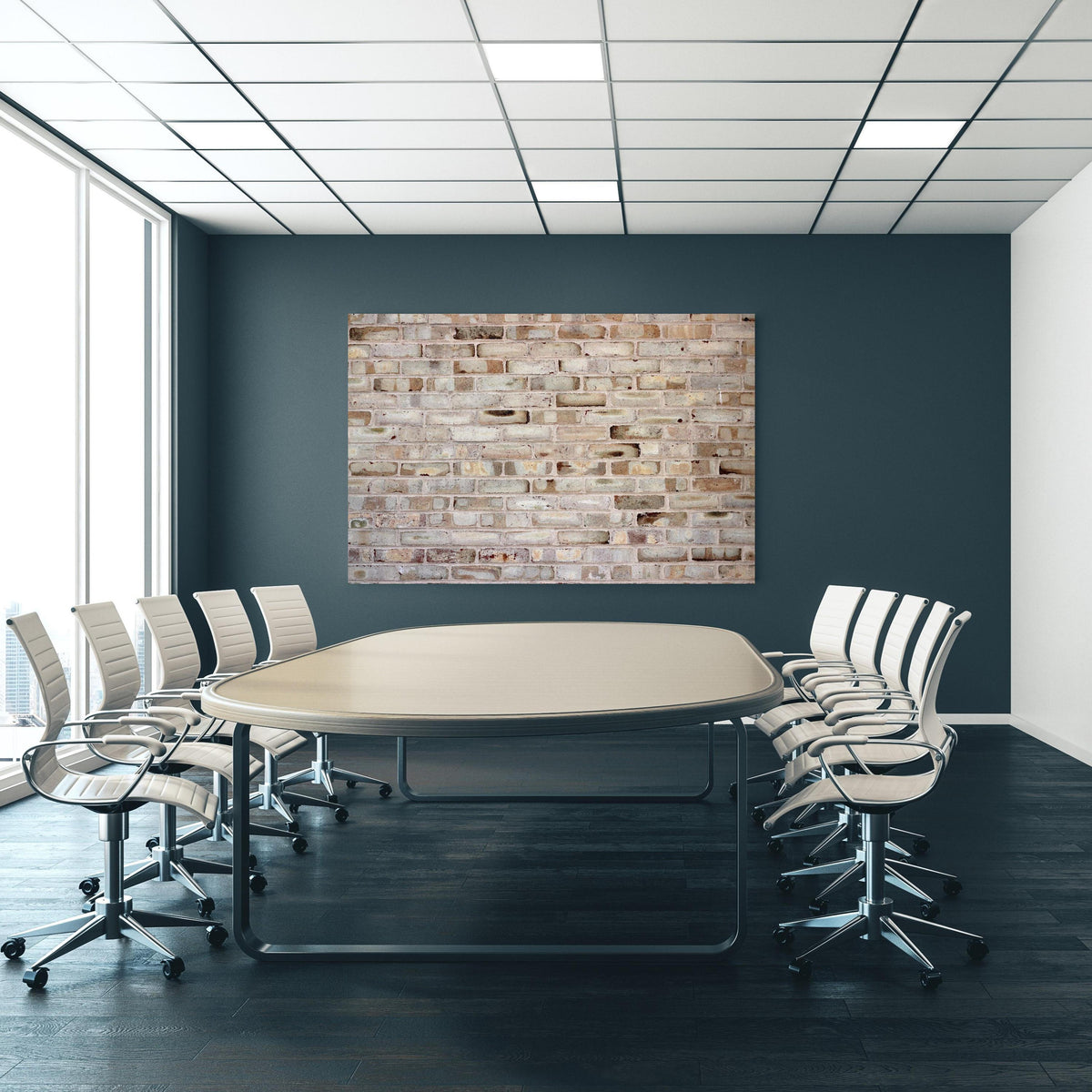 Office Poster  - Braune verschimmelte Ziegelmauer an blauer Wand in einem Besprechungsraum