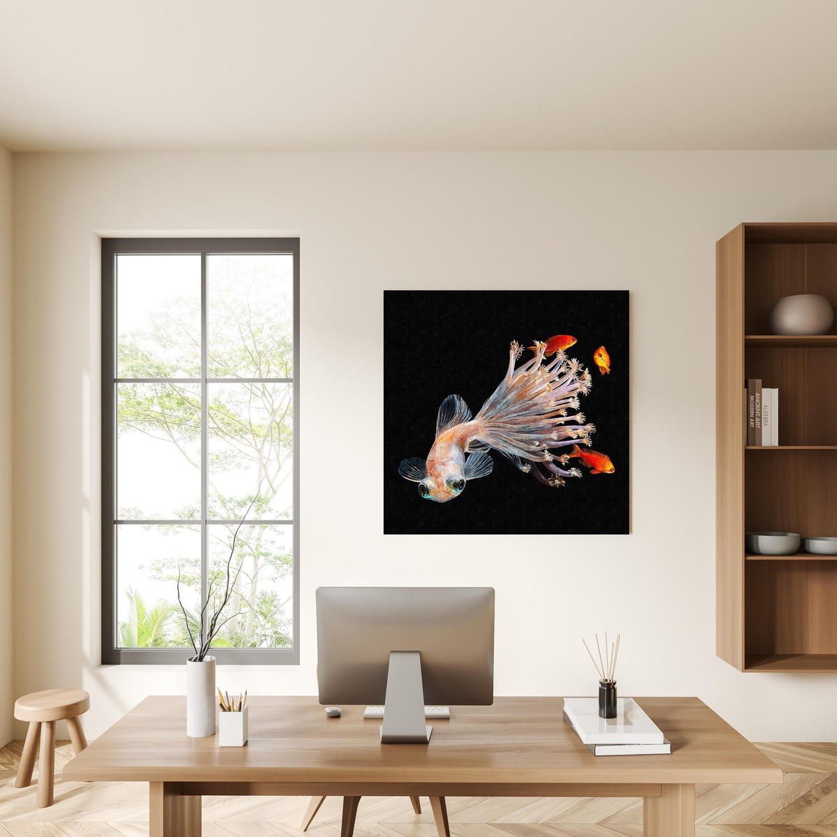 Office Poster  - Fisch verschmolzen mit Korallen in privatem Bürozimmer mit Holzschrank