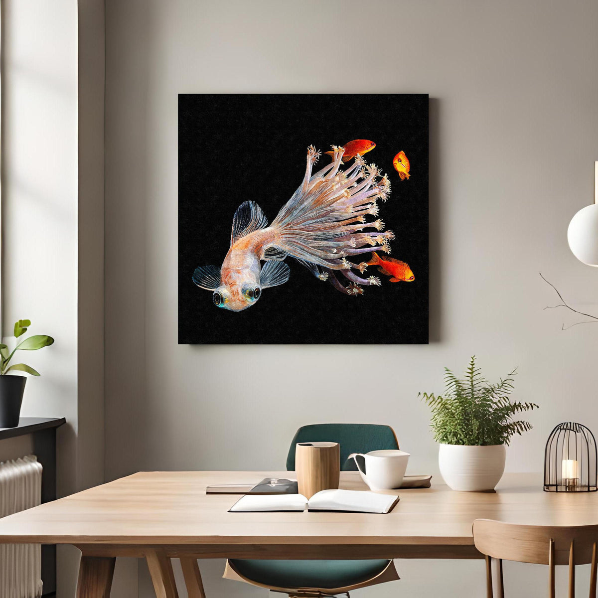 Office Poster  - Fisch verschmolzen mit Korallen über klassischem Holztisch mit runder Vase - quadratisch