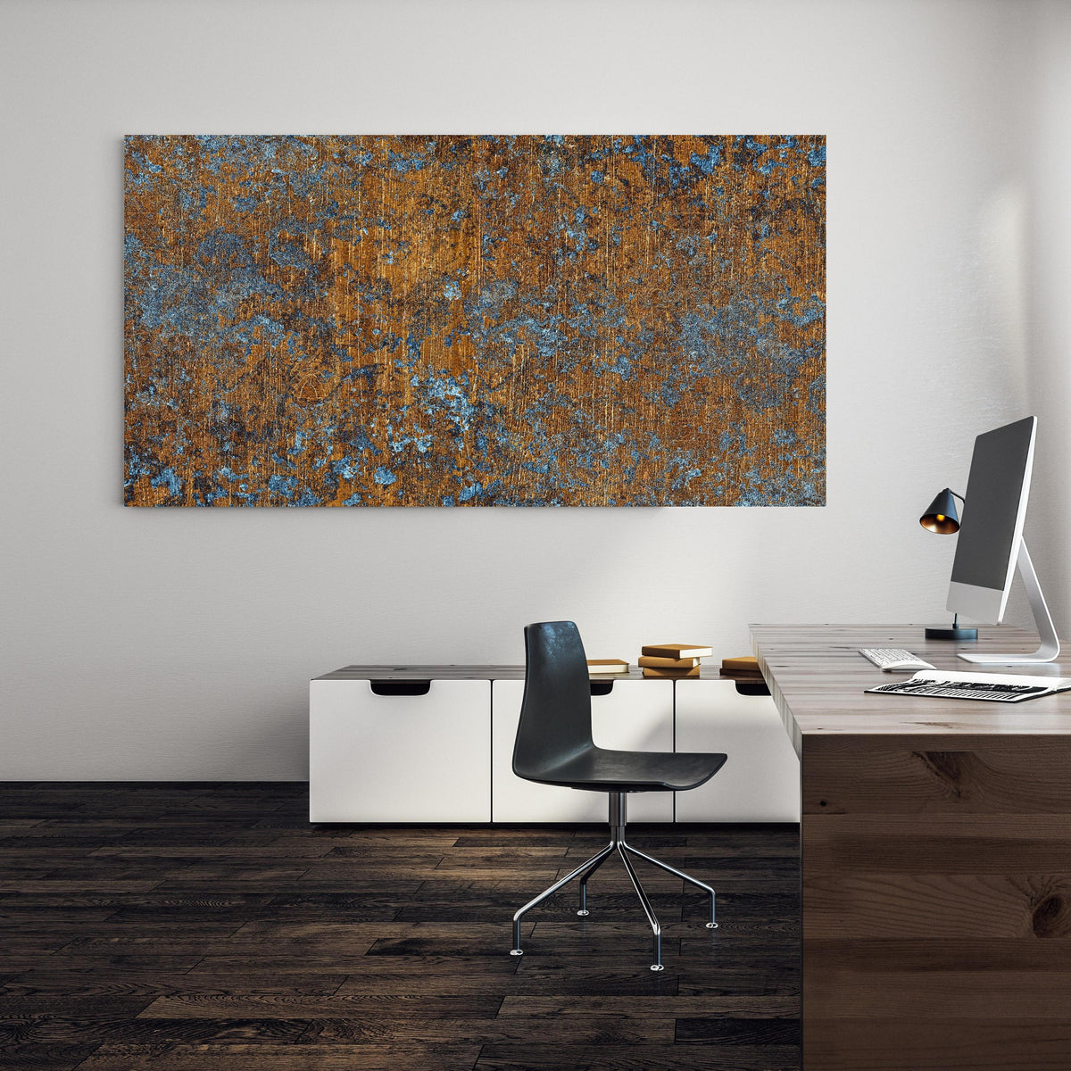 Office Poster  - Gold-blaue alte Metalltextur an einer Wand in minimalistisch eingerichtetem Heim-Büro