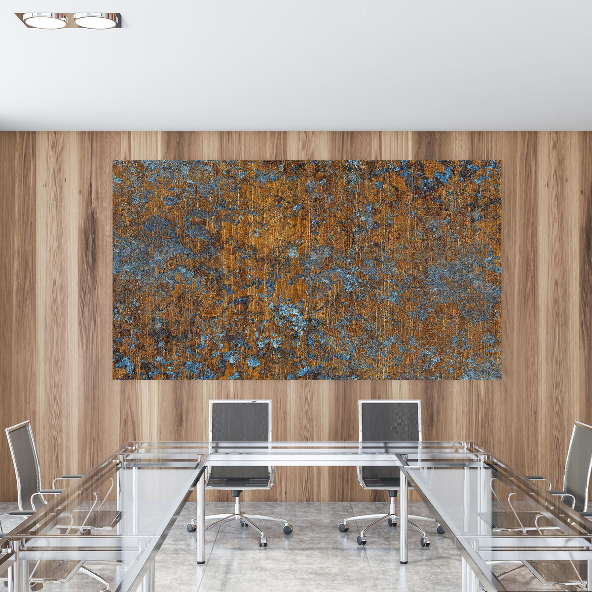 Office Poster  - Gold-blaue alte Metalltextur in einem Konferenzraum mit Glastisch und Holzwand