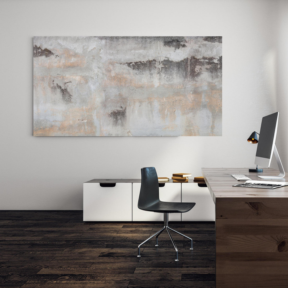 Office Poster  - Grunge Betonwand an einer Wand in minimalistisch eingerichtetem Heim-Büro