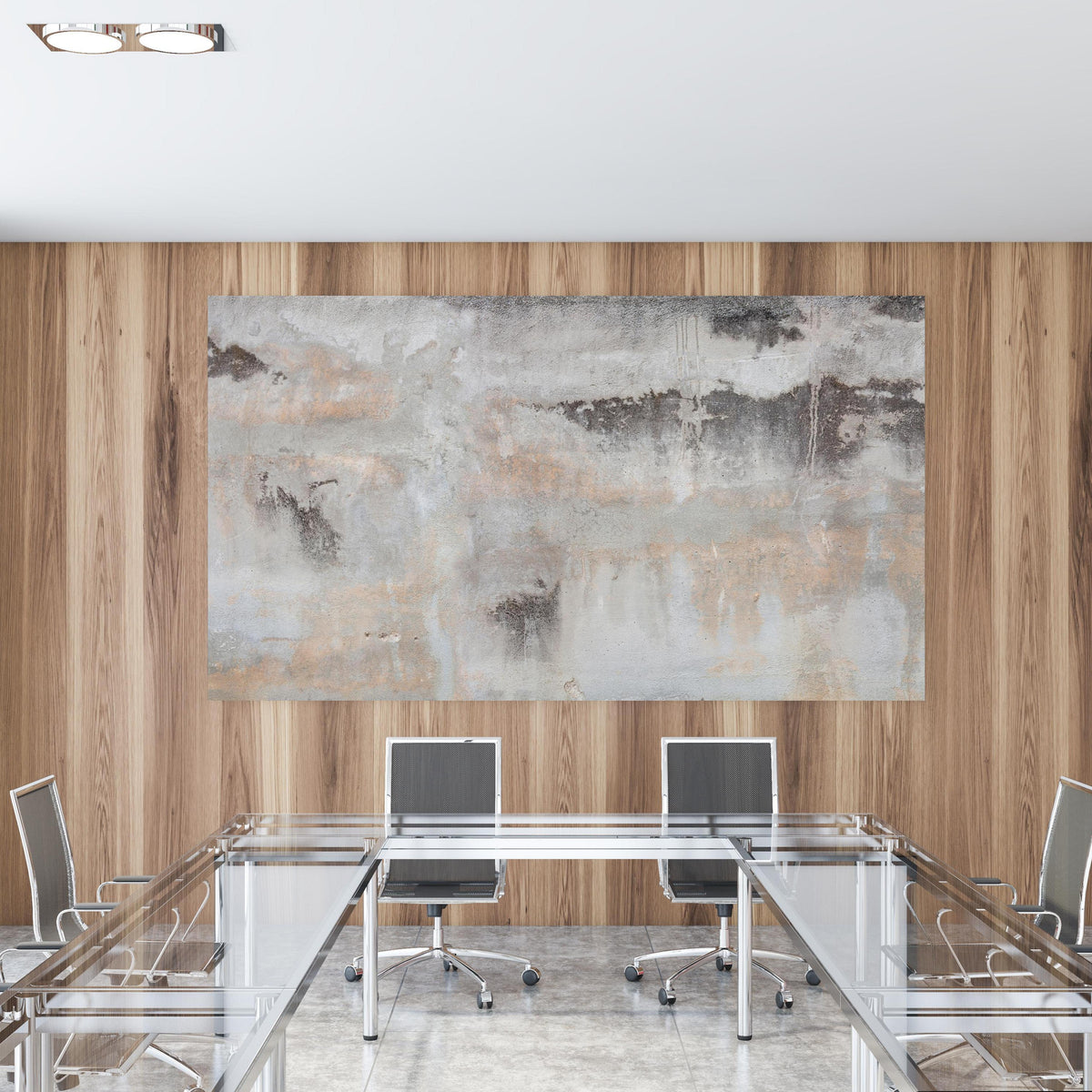 Office Poster  - Grunge Betonwand in einem Konferenzraum mit Glastisch und Holzwand