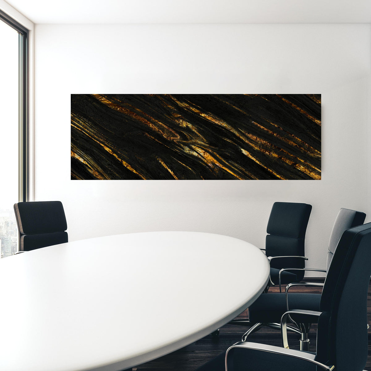 Office Poster  - Luxus Gold Marmor-Holz Textur in einem Konferenzraum hinter weißem ovalem Tisch