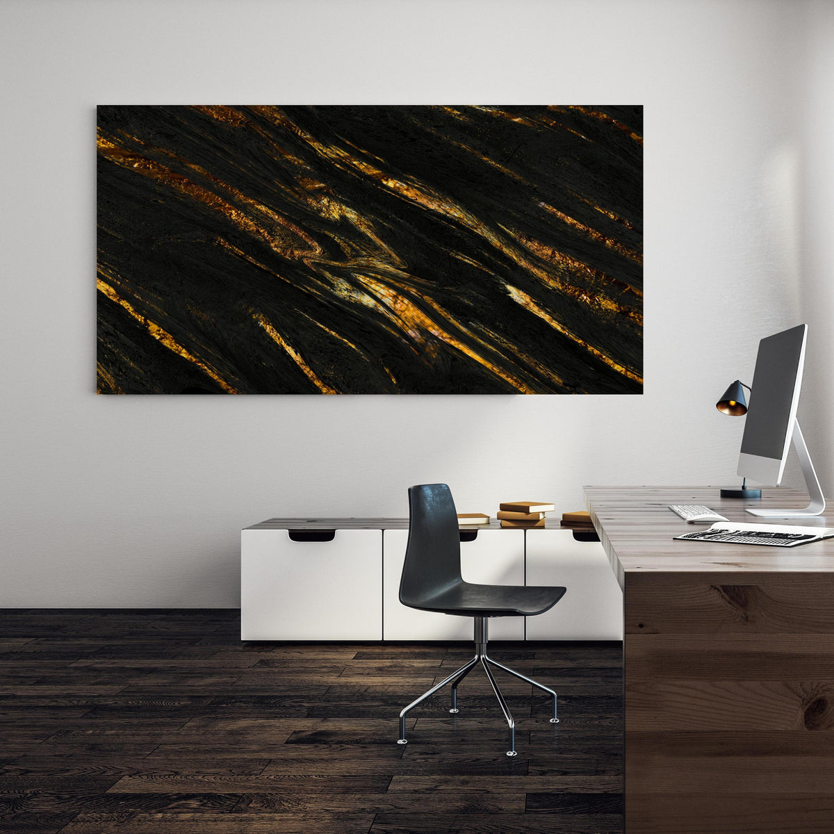 Office Poster  - Luxus Gold Marmor-Holz Textur an einer Wand in minimalistisch eingerichtetem Heim-Büro