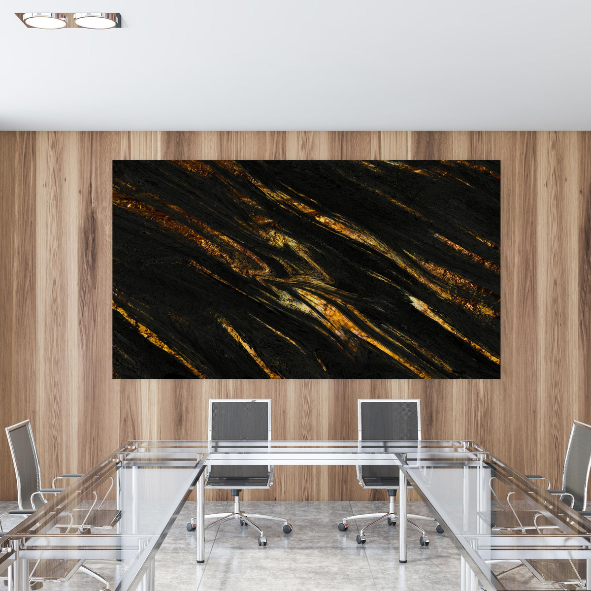 Office Poster  - Luxus Gold Marmor-Holz Textur in einem Konferenzraum mit Glastisch und Holzwand