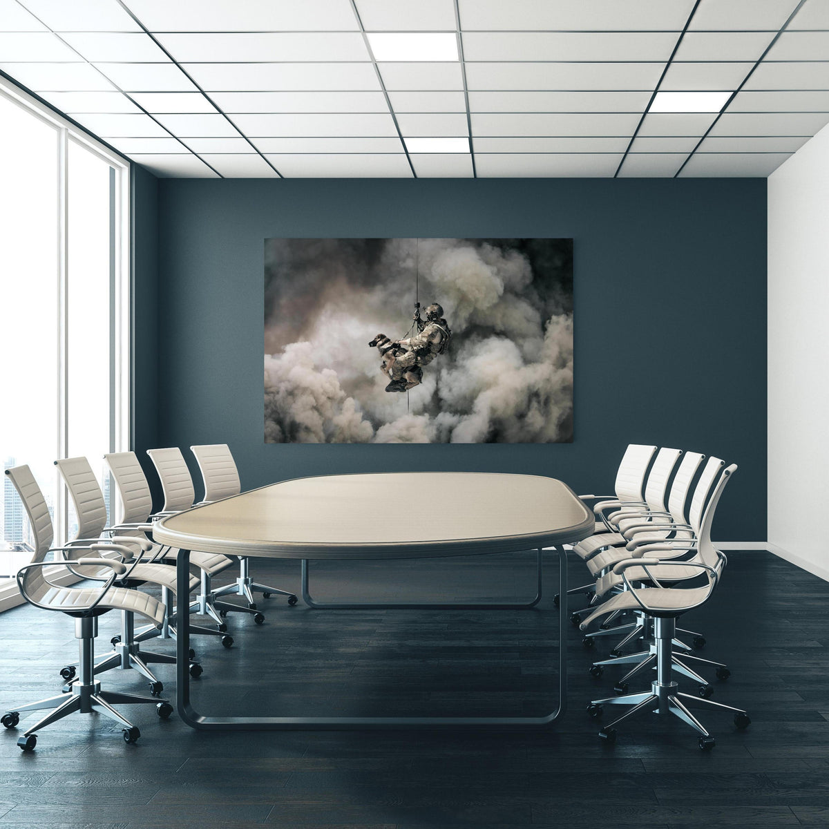 Office Poster  - Militärsoldat mit Hund an blauer Wand in einem Besprechungsraum