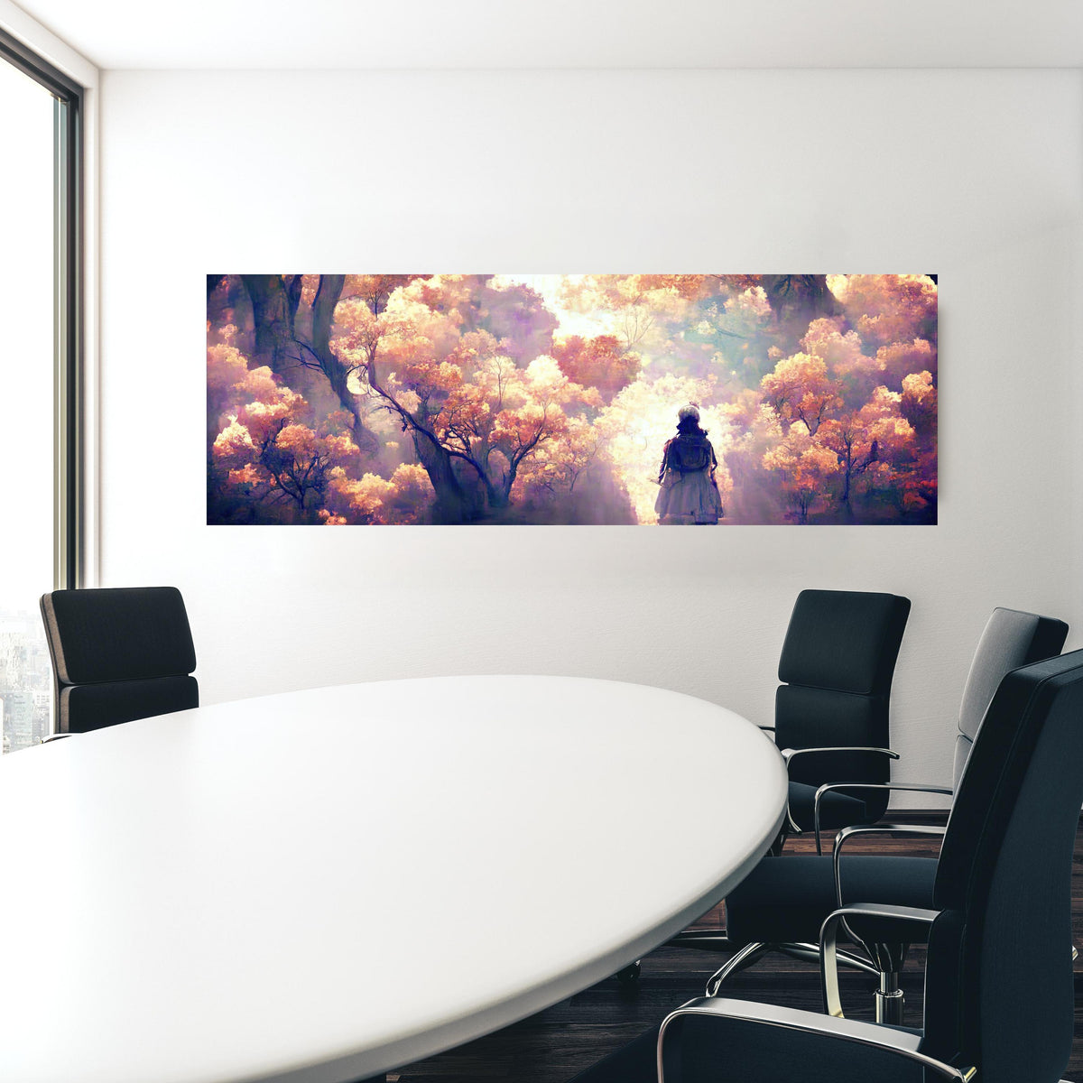 Office Poster  - Moderne Kunst - Person in den Wäldern in einem Konferenzraum hinter weißem ovalem Tisch