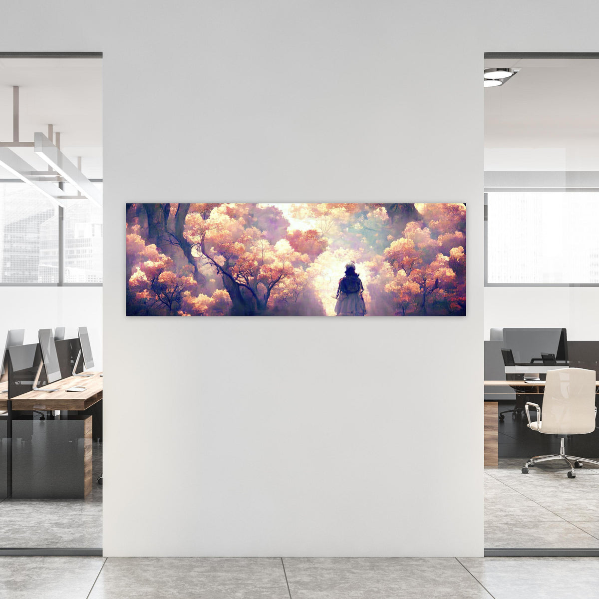 Office Poster  - Moderne Kunst - Person in den Wäldern an weißer Wand in hell eingerichtetem Büro