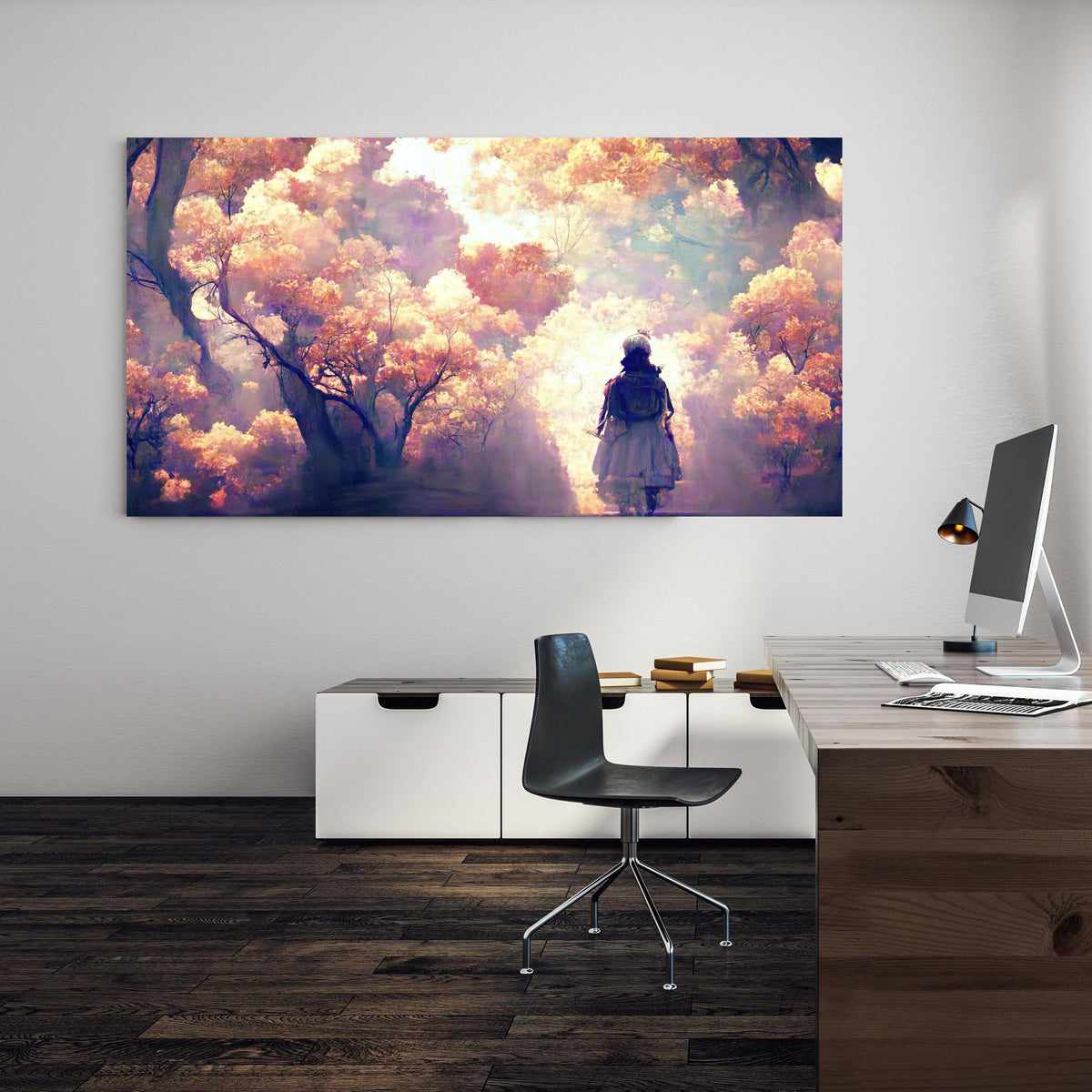 Office Poster  - Moderne Kunst - Person in den Wäldern an einer Wand in minimalistisch eingerichtetem Heim-Büro