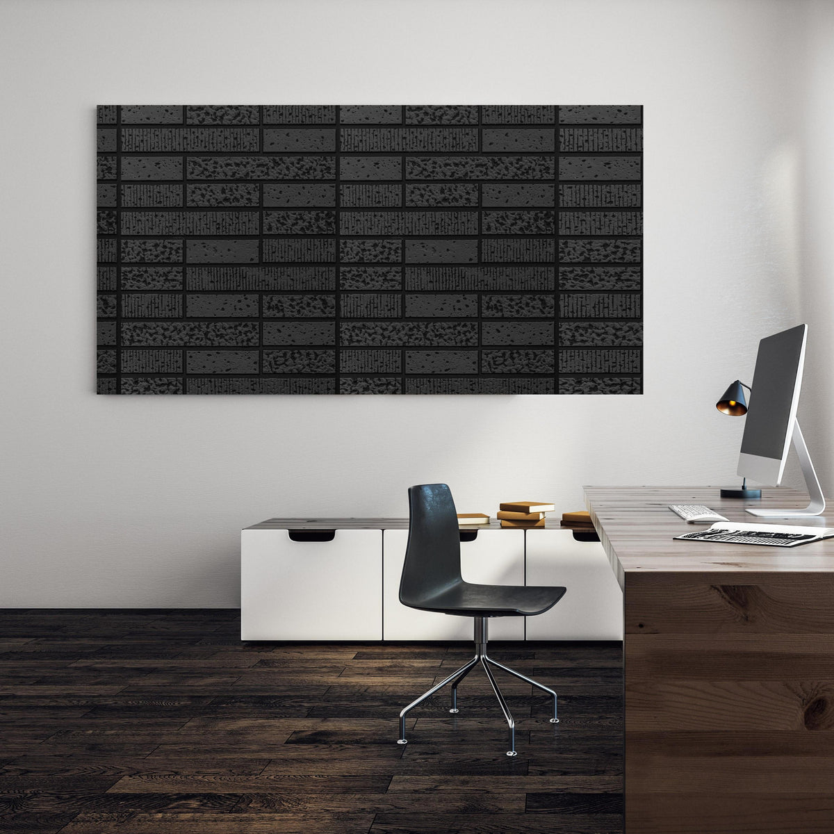 Office Poster  - Moderne Schwarze Ziegelwand an einer Wand in minimalistisch eingerichtetem Heim-Büro