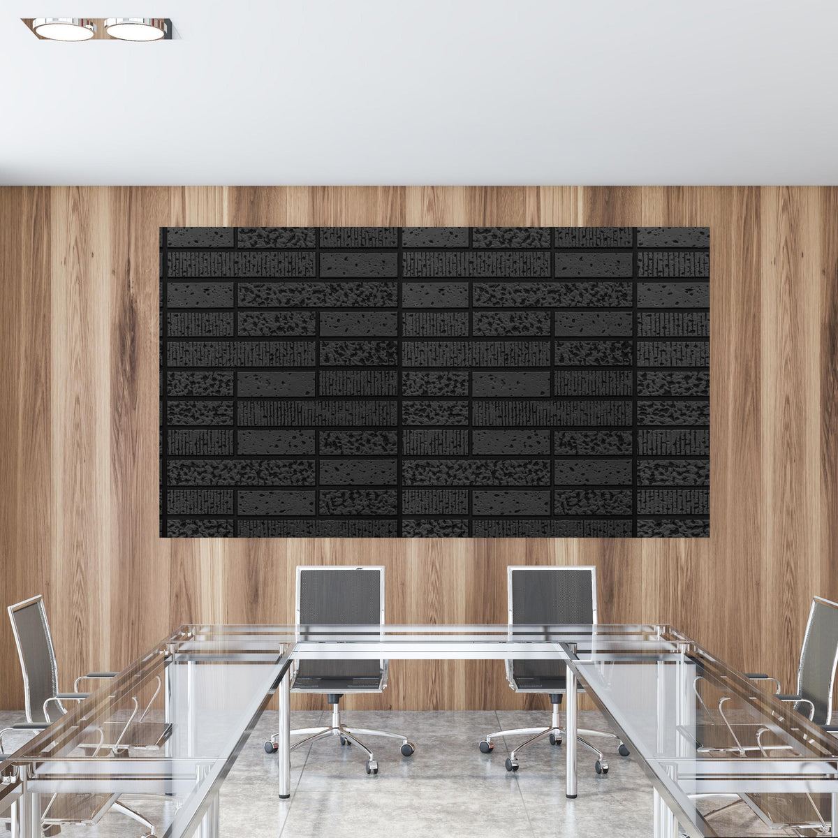 Office Poster  - Moderne Schwarze Ziegelwand in einem Konferenzraum mit Glastisch und Holzwand