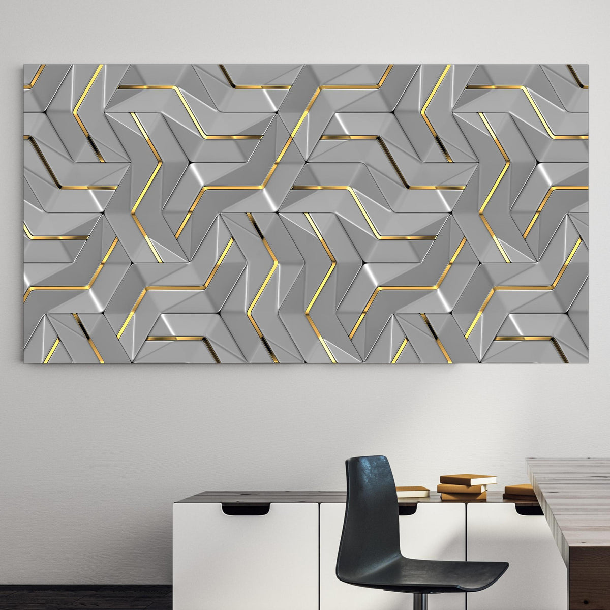 Office Poster  - Moderne Wandtextur - Gold Akzente an einer Wand in minimalistisch eingerichtetem Heim-Büro Zoom