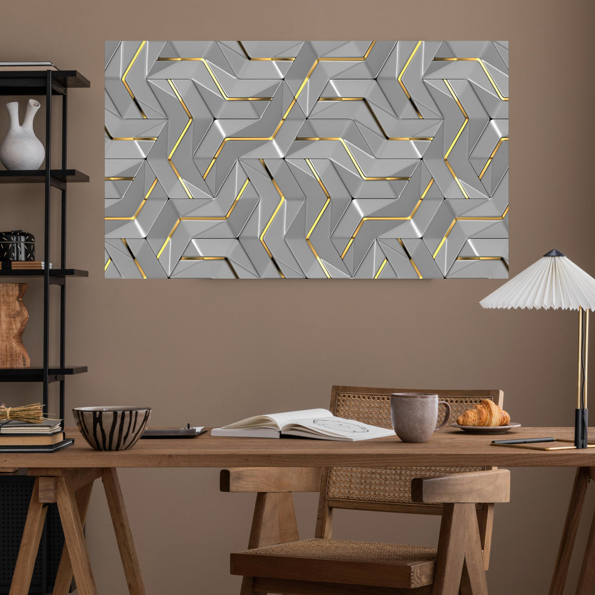 Office Poster  - Moderne Wandtextur - Gold Akzente über poliertem Holztisch mit stilvoller Lampe - rechteckig