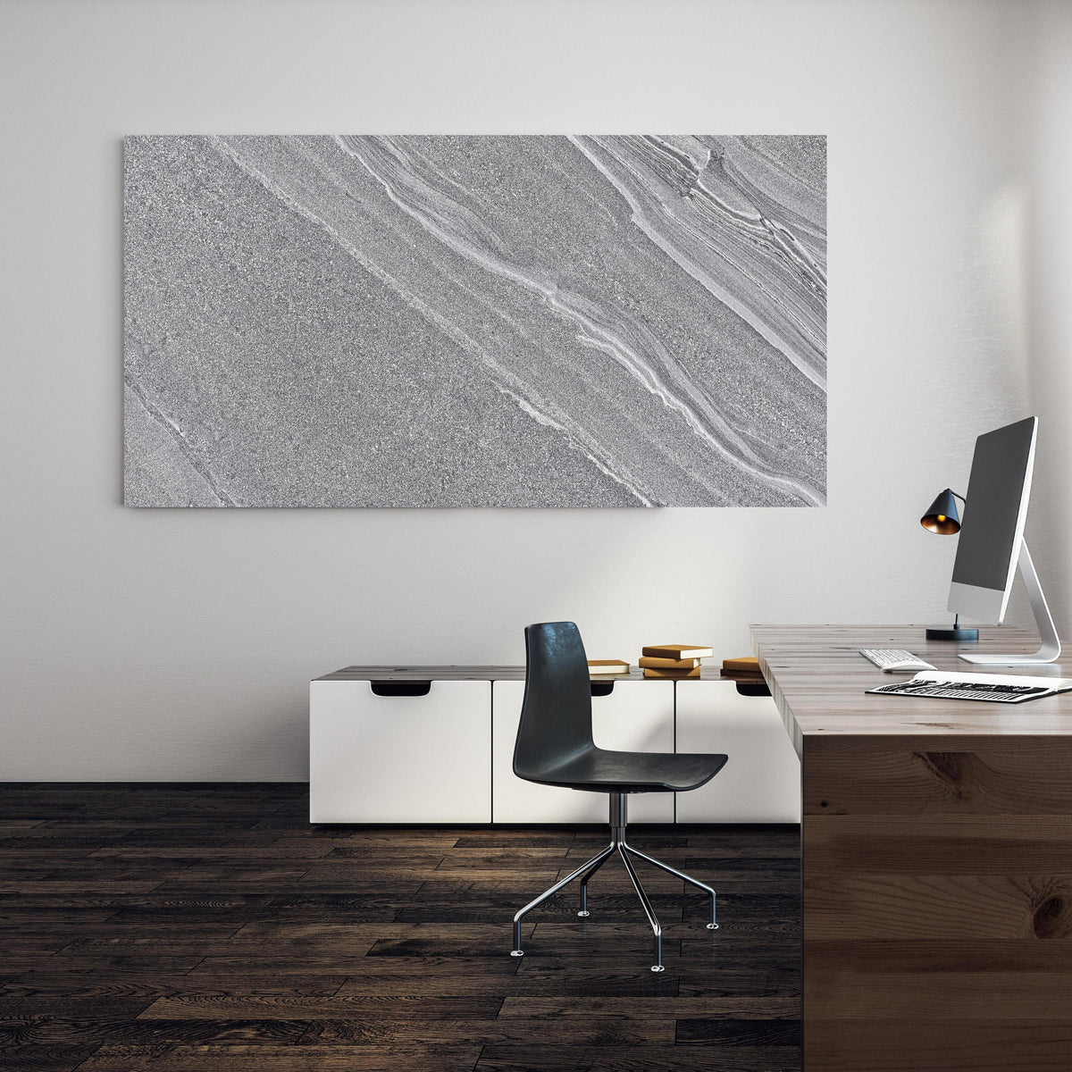 Office Poster  - Natürlicher gräulicher Marmor an einer Wand in minimalistisch eingerichtetem Heim-Büro