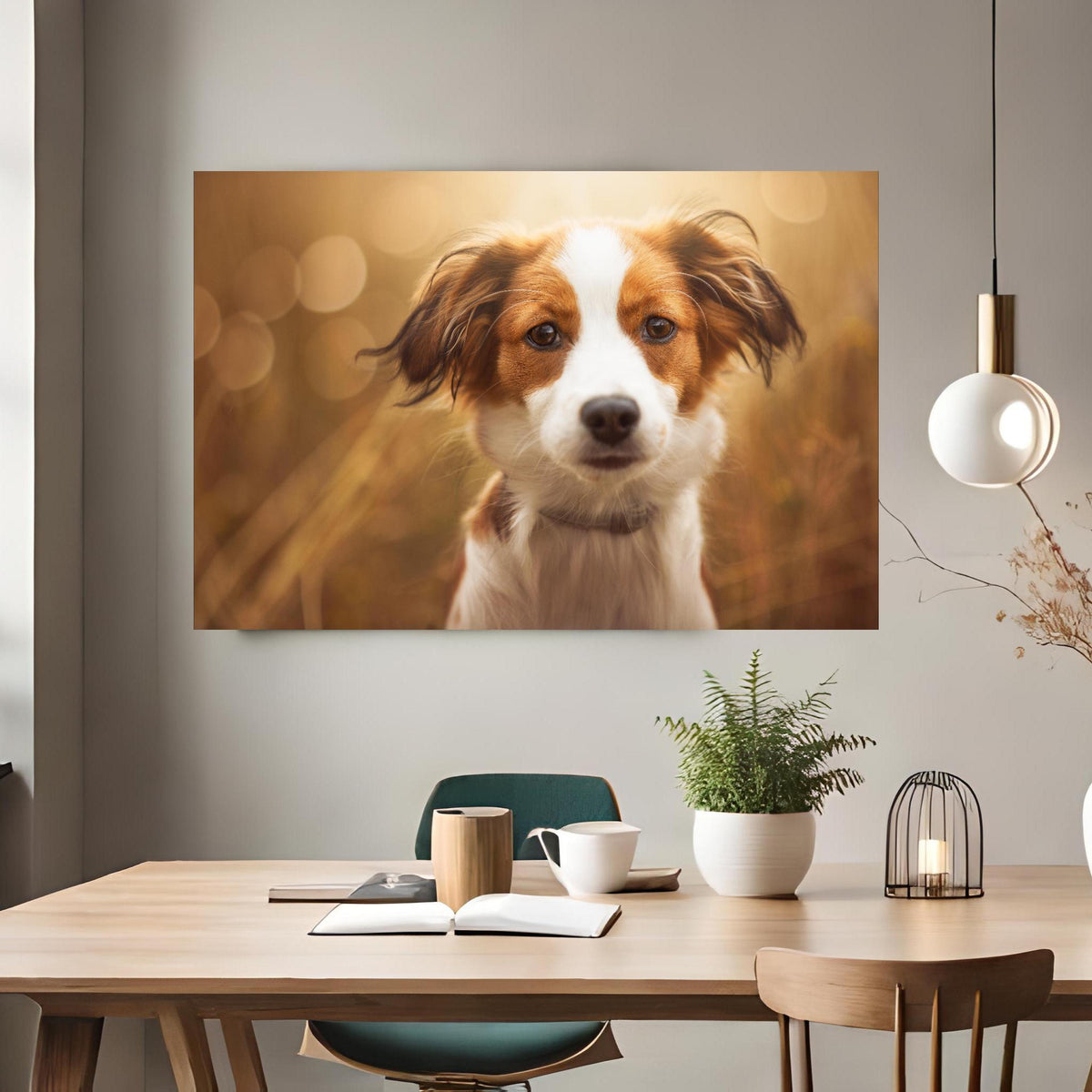 Office Poster  - Portrait eines süßen Kooiker Hundes über klassischem Holztisch mit runder Vase - rechteckig