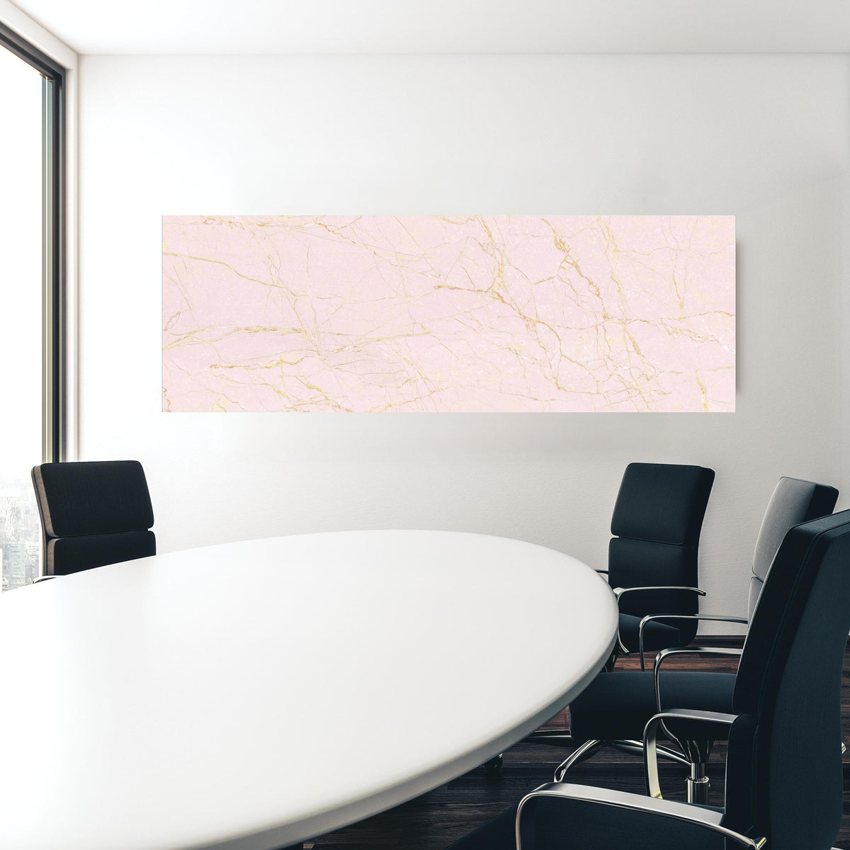 Office Poster  - Rosa-Gold Marmor in einem Konferenzraum hinter weißem ovalem Tisch