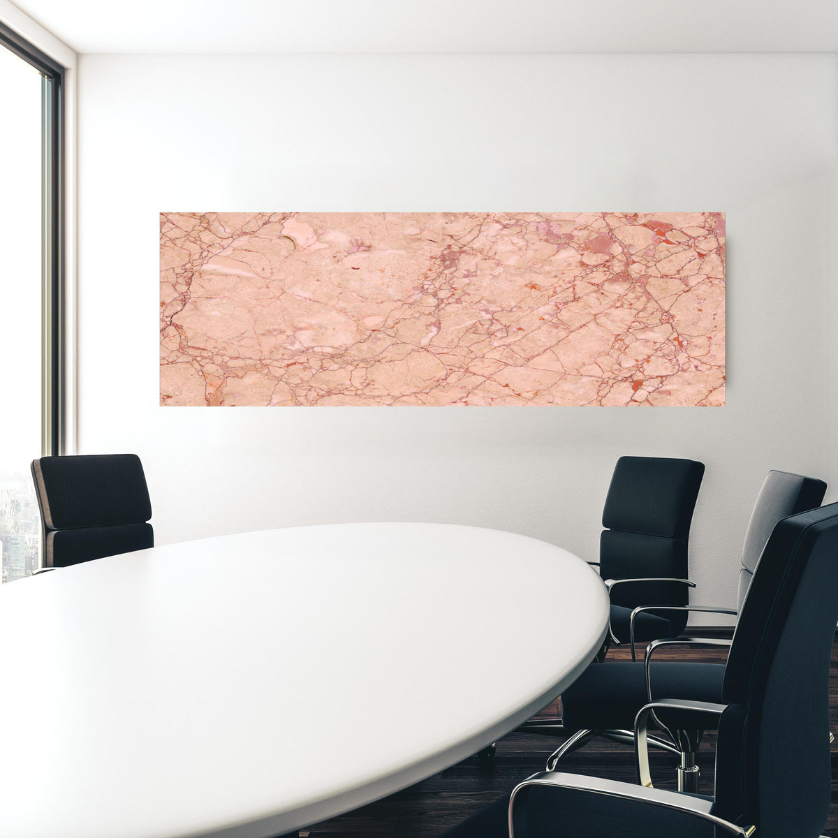 Office Poster  - Rosafarbener abstrakter Marmor in einem Konferenzraum hinter weißem ovalem Tisch