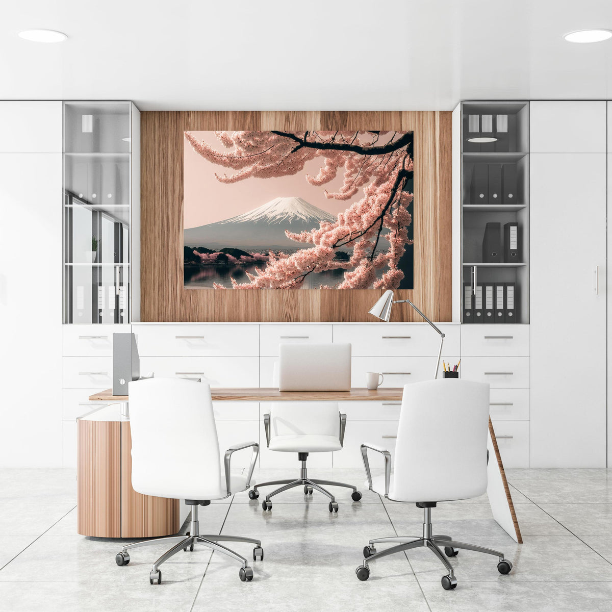 Office Poster  - Sakura Baum mit Fuji Berg im Hintergrund an einer Holzwand hängend im Büroraum
Office Poster  - Sakura Baum mit Fuji Berg im Hintergrund an einer Holzwand hängend im Büroraum