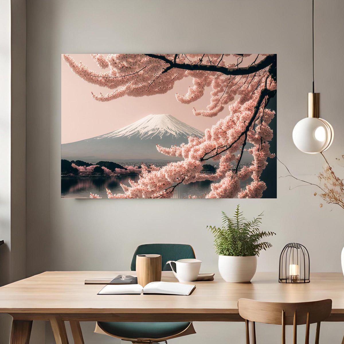 Office Poster  - Sakura Baum mit Fuji Berg im Hintergrund über klassischem Holztisch mit runder Vase - rechteckig