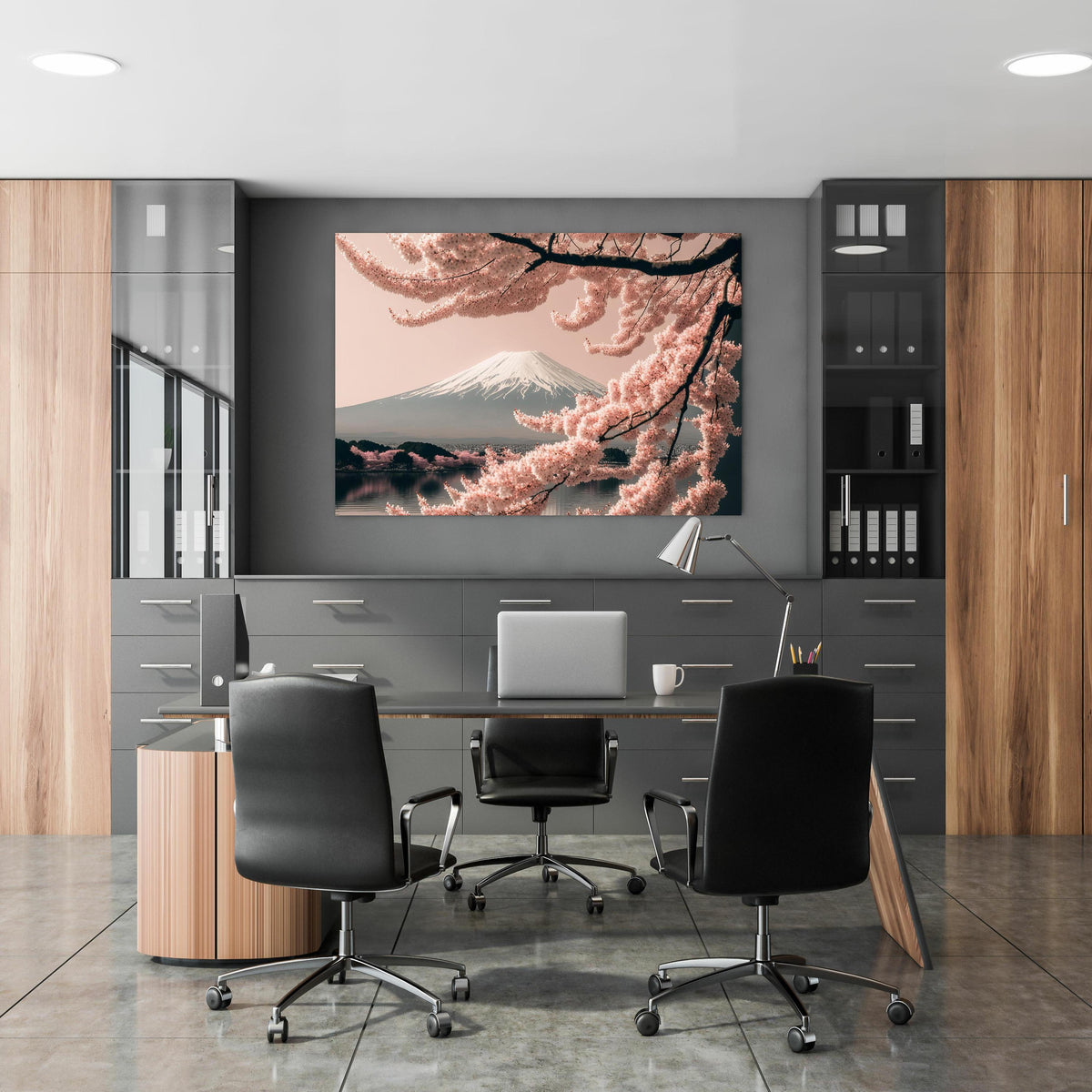 Office Poster  - Sakura Baum mit Fuji Berg im Hintergrund in klassischem Büroraum zwischen Holzschränken