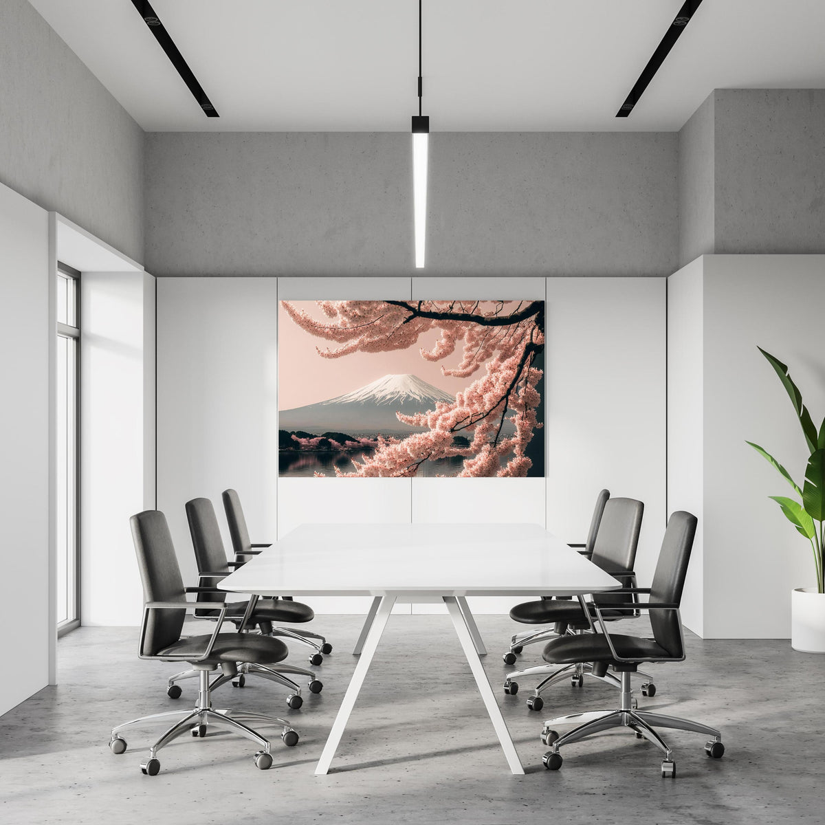 Office Poster  - Sakura Baum mit Fuji Berg im Hintergrund in einem Konferenzraum an weißer Wand hängend