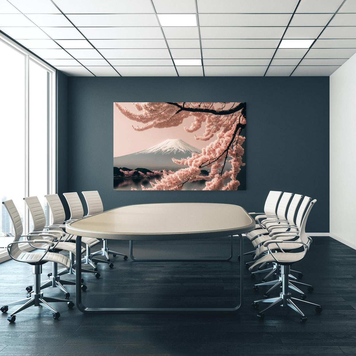 Office Poster  - Sakura Baum mit Fuji Berg im Hintergrund an blauer Wand in einem Besprechungsraum