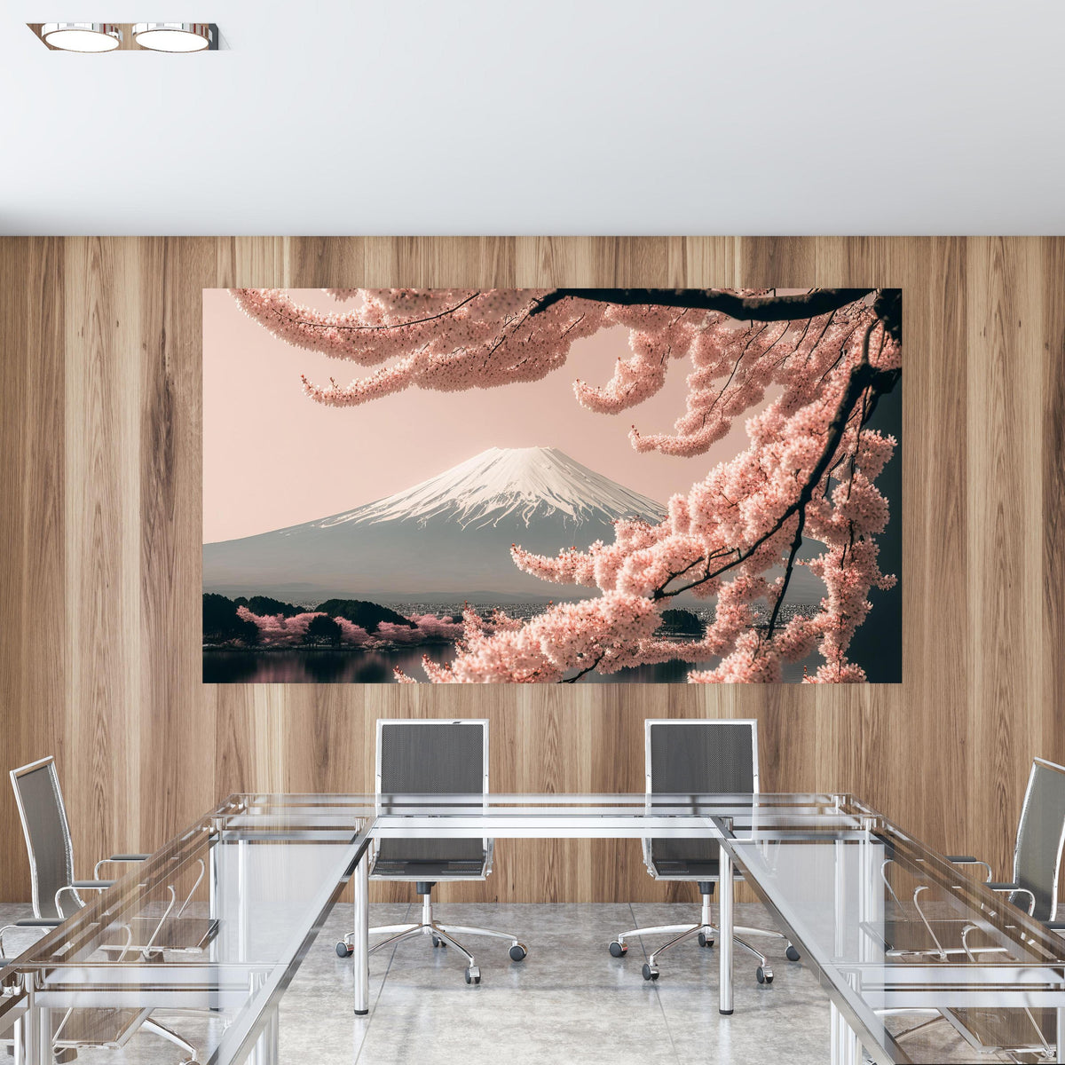 Office Poster  - Sakura Baum mit Fuji Berg im Hintergrund in einem Konferenzraum mit Glastisch und Holzwand