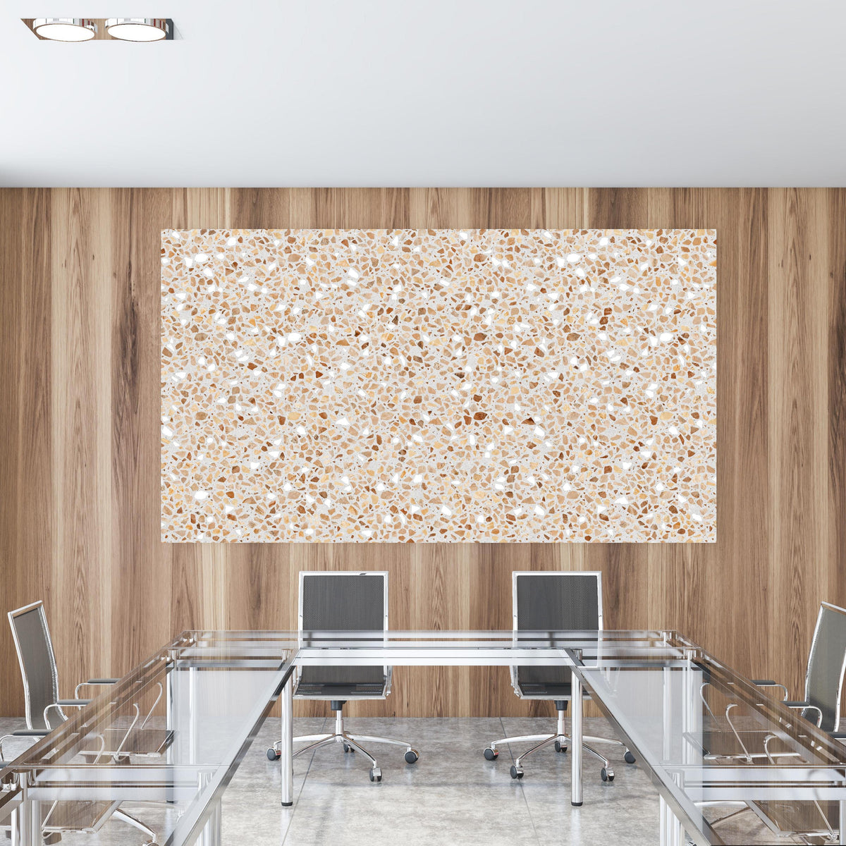 Office Poster  - Schöne beige Terrazzo Stein Textur in einem Konferenzraum mit Glastisch und Holzwand